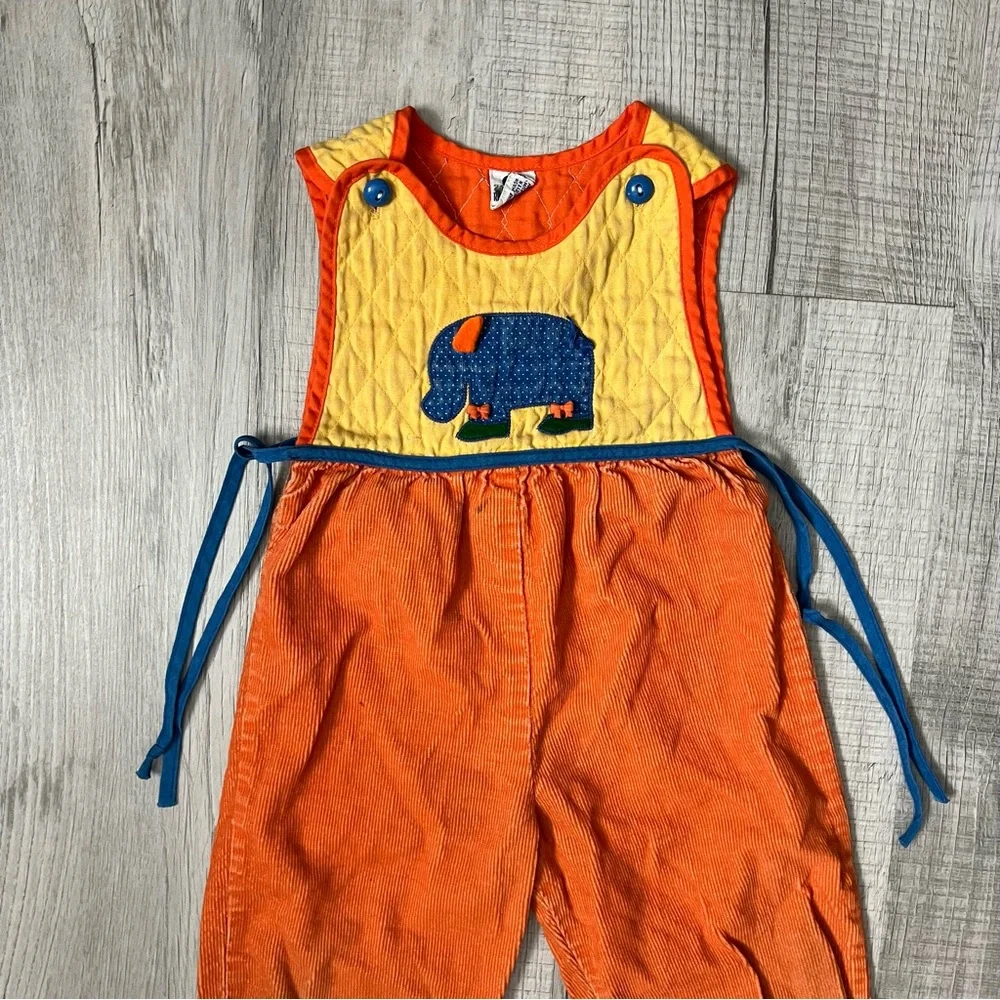 VINTAGE 70s Ruth Scharf Orange Elephant Kids Overalls Colorblock 24 months
